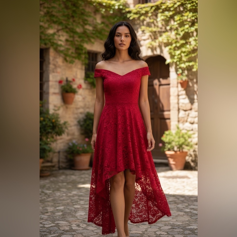 HR Homrain Red Lace Elegant Dress High Low Off the Shoulder MIDI Romantic S